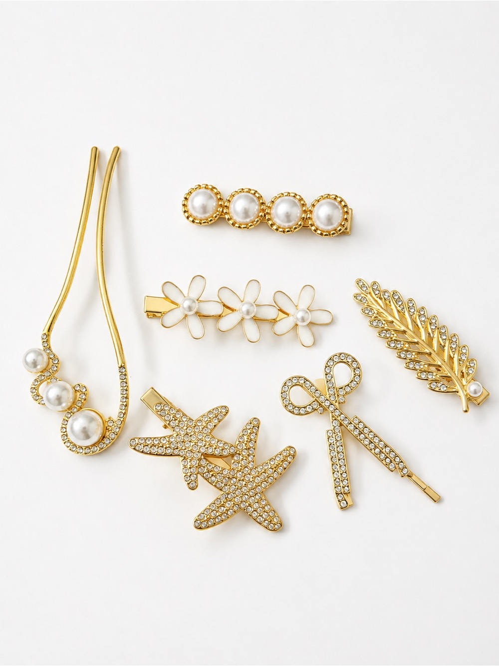 Gold Pearl and Crystal Hair Clip Set - Women Accessories